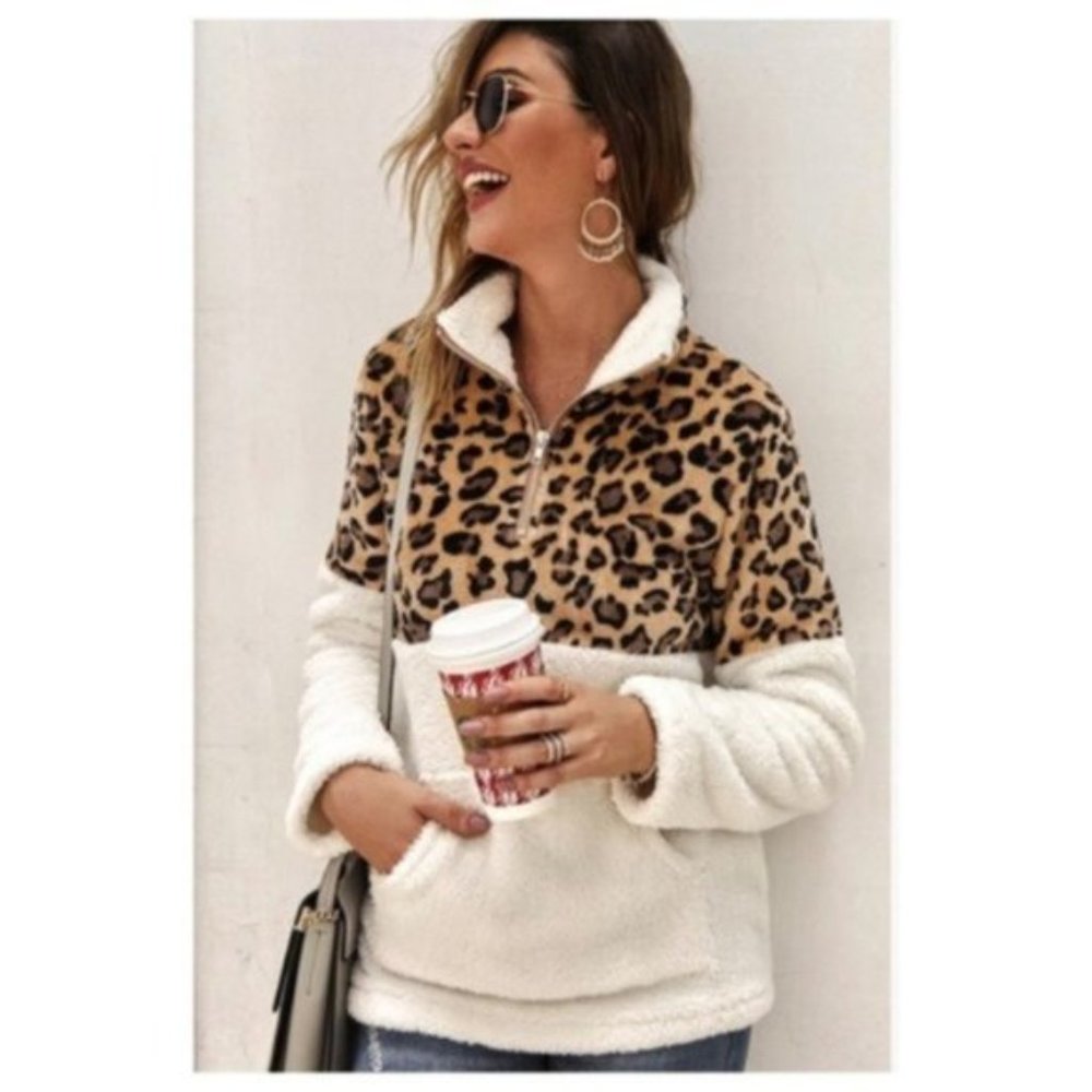 Leopard Fleece Sherpa 1/4 Zip Pullover Sweatshirt Women Size Large - Picture 2 of 6